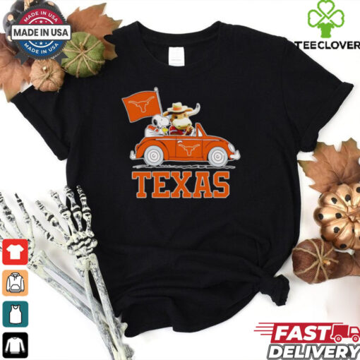 Snoopy and Bevo driving car Texas Longhorns shirt
