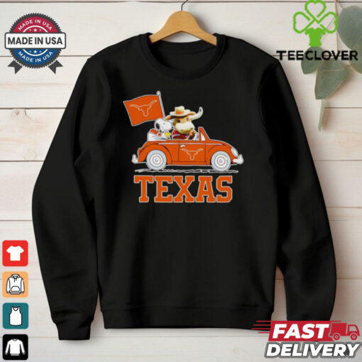 Snoopy and Bevo driving car Texas Longhorns shirt
