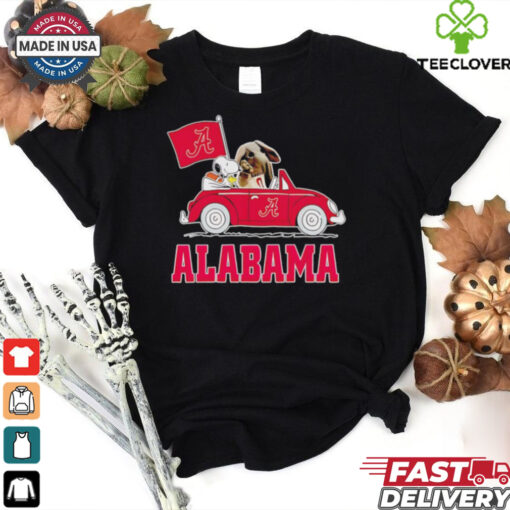 Snoopy and Big Al driving car let’s go Alabama Crimson Tide shirt