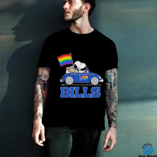 Snoopy and Woodstock Driving Car Buffalo Bills Pride Flag hoodie, sweater, longsleeve, shirt v-neck, t-shirt