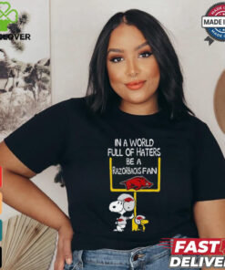 Snoopy and Woodstock Peanuts X Arkansas Razorbacks in a world full of haters be a Razorbacks fan shirt