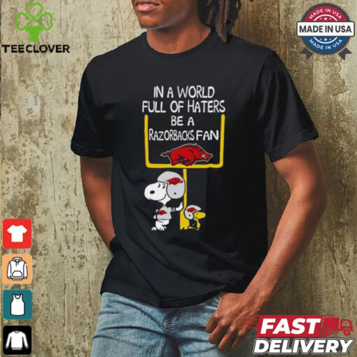 Snoopy and Woodstock Peanuts X Arkansas Razorbacks in a world full of haters be a Razorbacks fan shirt