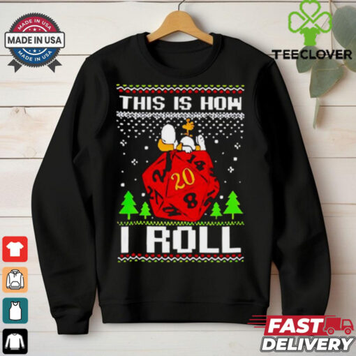 Snoopy and Woodstock atop a D20 this is how I roll ugly Christmas shirt