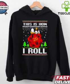 Snoopy and Woodstock atop a D20 This Is How I Roll Ugly Christmas Shirt with a playful, geeky holiday design featuring the iconic characters and a dice theme.