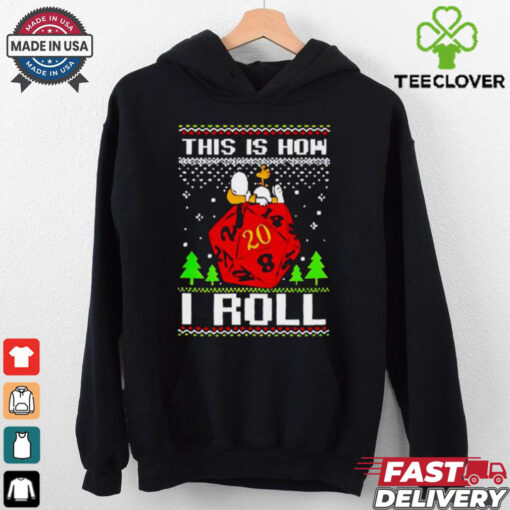 Snoopy and Woodstock atop a D20 this is how I roll ugly Christmas shirt