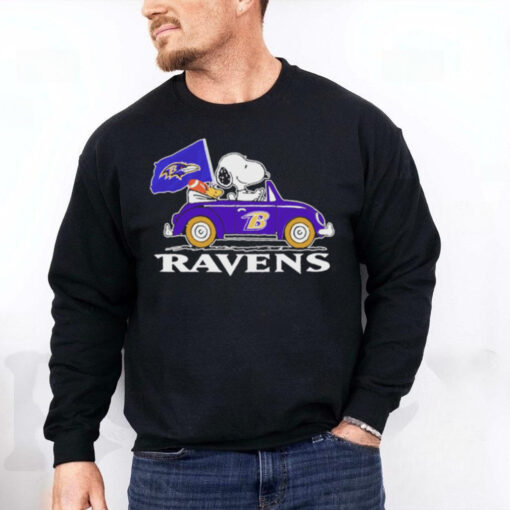 Snoopy and Woodstock driving car Baltimore Ravens hoodie, sweater, longsleeve, shirt v-neck, t-shirt