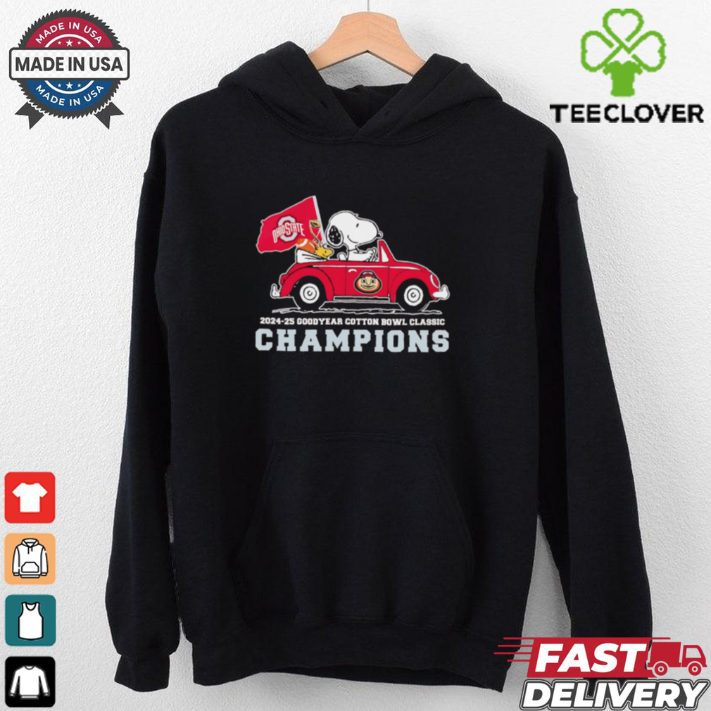 Snoopy and Woodstock driving car Ohio State Buckeyes 2025 Cotton Bowl champions shirt Snoopy and Woodstock driving car Ohio State Buckeyes 2025 Cotton Bowl champions shirt
