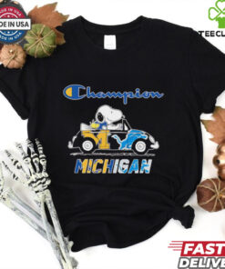 Snoopy and Woodstock Driving Car Wolverines and Lions Champions Michigan Shirt fun, festive design featuring iconic characters and Michigan sports champions
