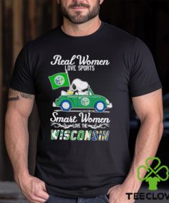 Snoopy and Woodstock driving car real women love sports smart women love the Wisconsin shirt