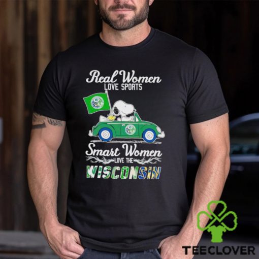 Snoopy and Woodstock driving car real women love sports smart women love the Wisconsin shirt