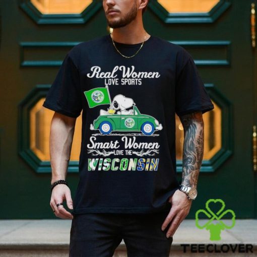Snoopy and Woodstock driving car real women love sports smart women love the Wisconsin shirt