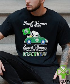 Snoopy and Woodstock driving car real women love sports smart women love the Wisconsin shirt