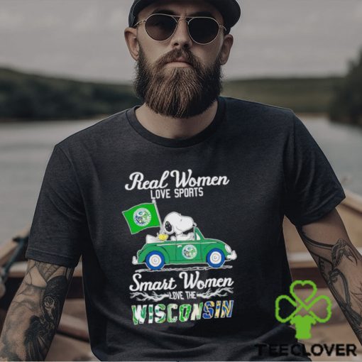 Snoopy and Woodstock driving car real women love sports smart women love the Wisconsin shirt