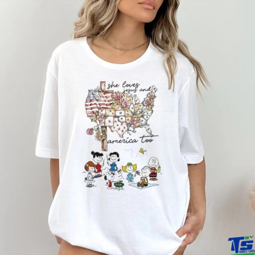 Snoopy charlie brown she loves jesus and america too Peanuts hoodie, sweater, longsleeve, shirt v-neck, t-shirt