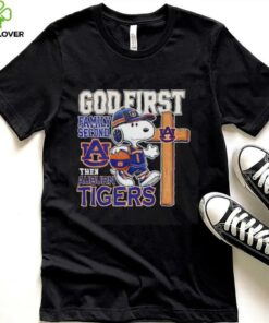 Snoopy walking God first family second then Auburn Tigers shirt