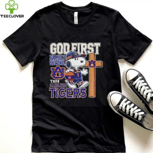 Snoopy walking God first family second then Auburn Tigers shirt