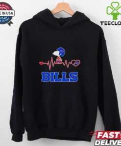 Snoopy Walking on Heartbeat Buffalo Bills Football Shirt, featuring a fun design of Snoopy walking along a heartbeat line, with the Buffalo Bills logo incorporated. Perfect for fans of both Snoopy and the Bills, combining a playful style with team spirit.