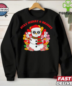 Snowman Santa hat stay Merry & bright Christmas shirt