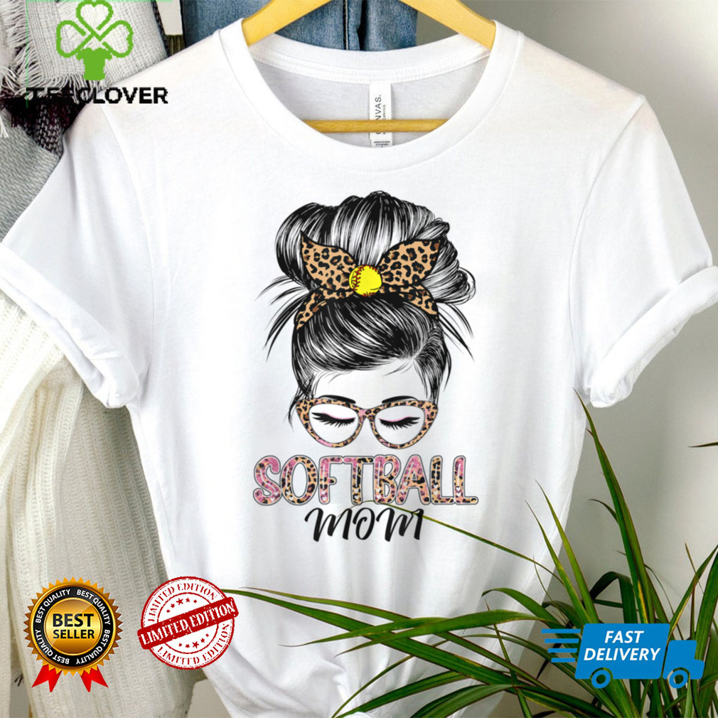 Softball Mom Shirt For Women Messy Bun Leopard Mother's Day T Shirt