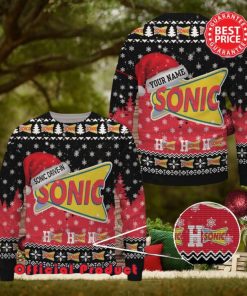 Sonic Drive In Logo Santa Hat Pine Tree Snowflake Custom Name Ugly Christmas Sweater