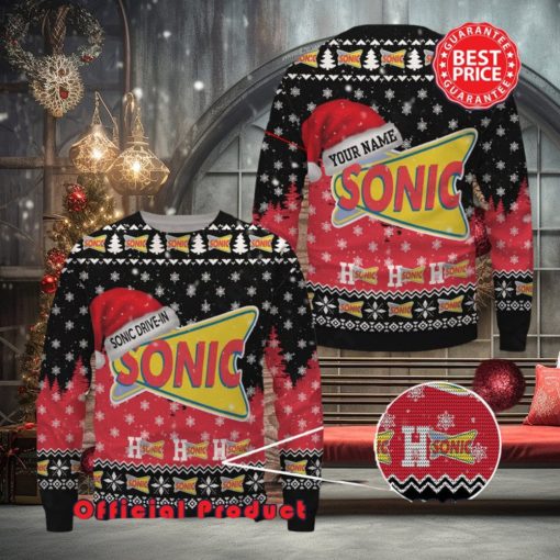 Sonic Drive In Logo Santa Hat Pine Tree Snowflake Custom Name Ugly Christmas Sweater