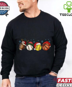 Sport Balls Christmas Lights Sweatshirt, Football Baseball Basketball Christmas Hat T Shirt