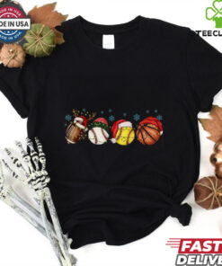 Sport Balls Christmas Lights Sweatshirt, Football Baseball Basketball Christmas Hat T Shirt