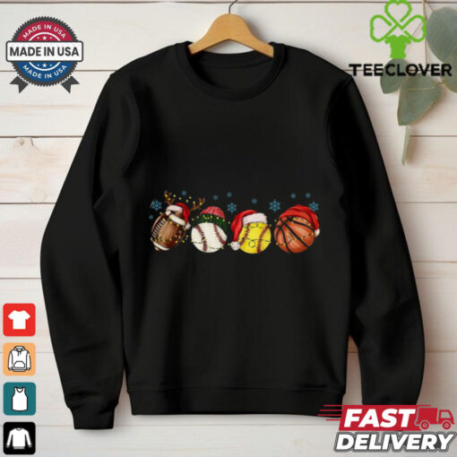 Sport Balls Christmas Lights Sweatshirt, Football Baseball Basketball Christmas Hat T Shirt