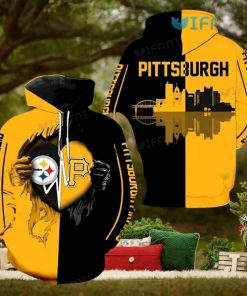 Steelers Hoodie 3D Skyline Heartbeat Tearing Through Logo Pirates Pittsburgh Steelers Gift