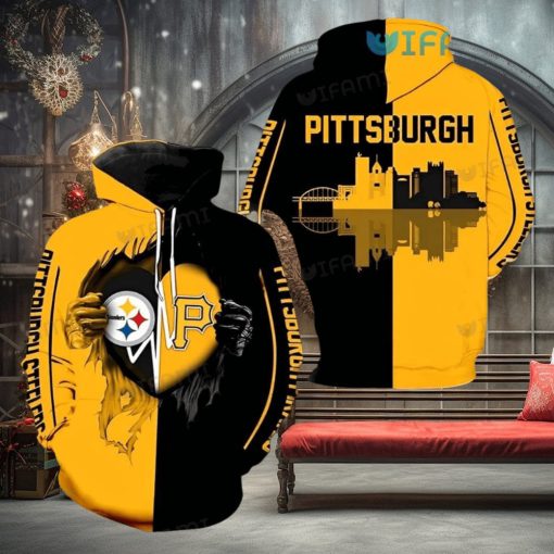 Steelers Hoodie 3D Skyline Heartbeat Tearing Through Logo Pirates Pittsburgh Steelers Gift