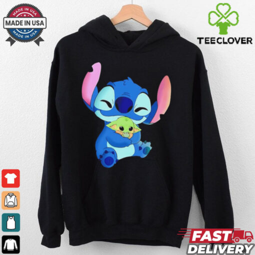 Stitch hugging Baby Yoda Mandalorian cartoon shirt