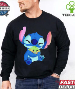 Stitch hugging Baby Yoda Mandalorian cartoon shirt