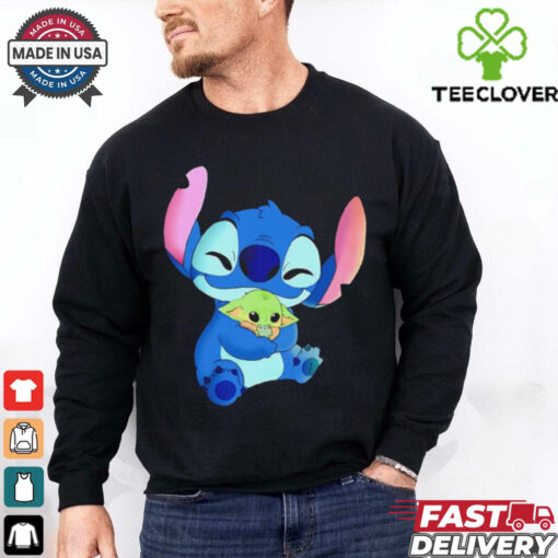 Stitch hugging Baby Yoda Mandalorian cartoon shirt