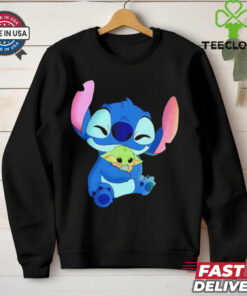 Stitch hugging Baby Yoda Mandalorian cartoon shirt