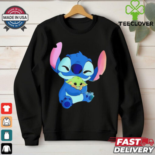 Stitch hugging Baby Yoda Mandalorian cartoon shirt