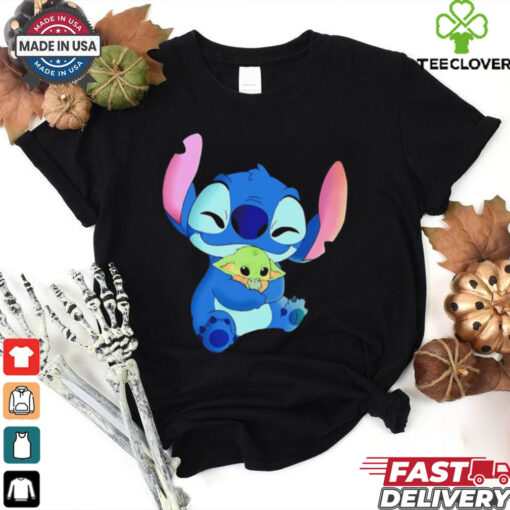 Stitch hugging Baby Yoda Mandalorian cartoon shirt