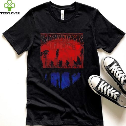 Stranger Things Lucas Mike Eleven Dustin and Will riding their bicycles above the Upside Down shirt