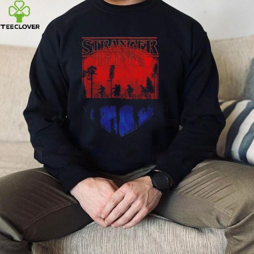Stranger Things Lucas Mike Eleven Dustin and Will riding their bicycles above the Upside Down shirt
