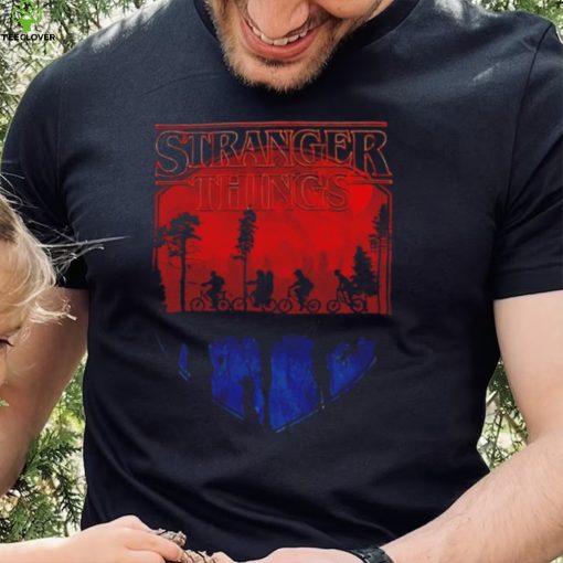 Stranger Things Lucas Mike Eleven Dustin and Will riding their bicycles above the Upside Down shirt