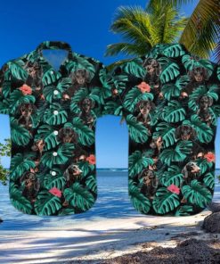 Summer Aloha Dachshund Funny Hawaiian Shirt Palm Leaves Pattern On Dark Theme