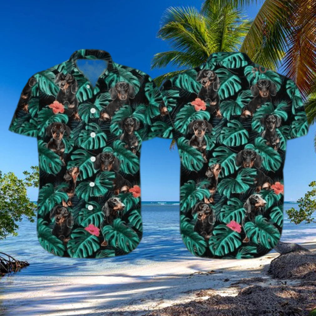 Summer Aloha Dachshund Funny Hawaiian Shirt Palm Leaves Pattern On Dark Theme Summer Aloha Dachshund Funny Hawaiian Shirt Palm Leaves Pattern On Dark Theme