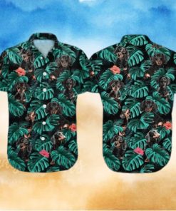 Summer Aloha Dachshund Funny Hawaiian Shirt Palm Leaves Pattern On Dark Theme