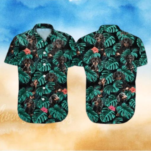 Summer Aloha Dachshund Funny Hawaiian Shirt Palm Leaves Pattern On Dark Theme