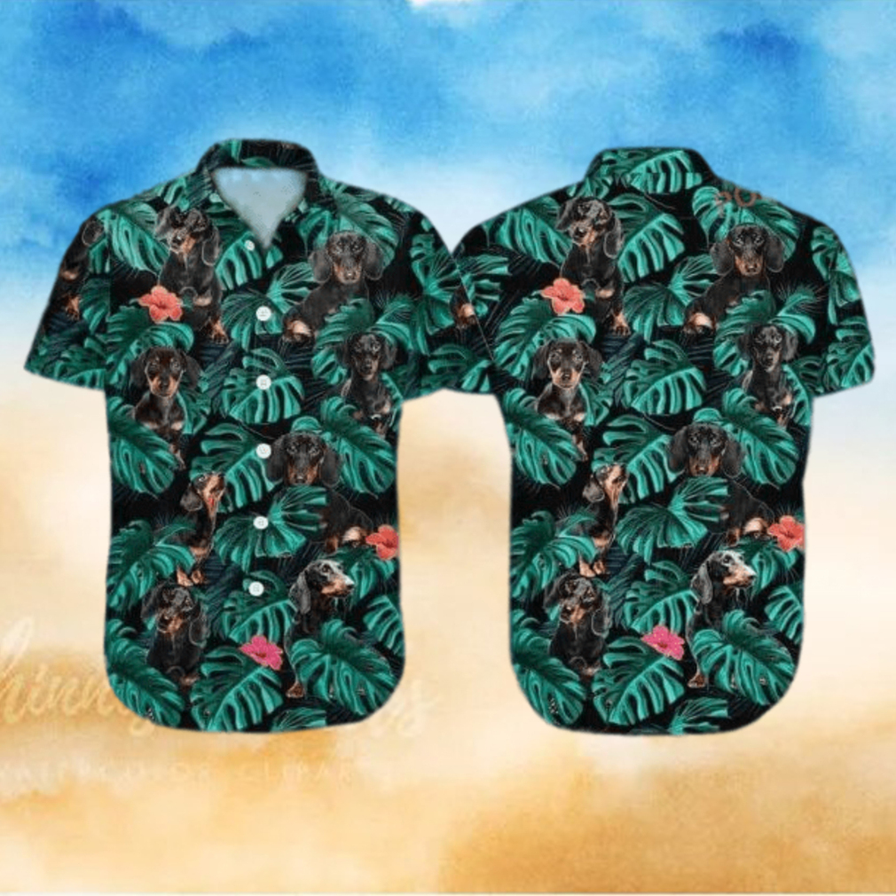 Summer Aloha Dachshund Funny Hawaiian Shirt Palm Leaves Pattern On Dark Theme Summer Aloha Dachshund Funny Hawaiian Shirt Palm Leaves Pattern On Dark Theme