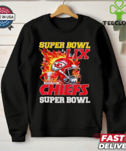 Super Bowl 2025 LIX Champions helmet on fire Chiefs shirt