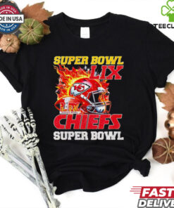 Super Bowl 2025 LIX Champions helmet on fire Chiefs shirt