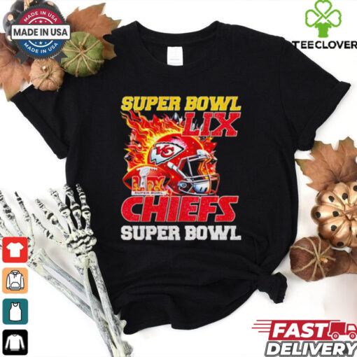 Super Bowl 2025 LIX Champions helmet on fire Chiefs shirt