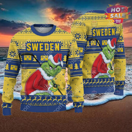 Sweden Ice Hockey Team Grinch Hockey Stick Ugly Christmas Sweater