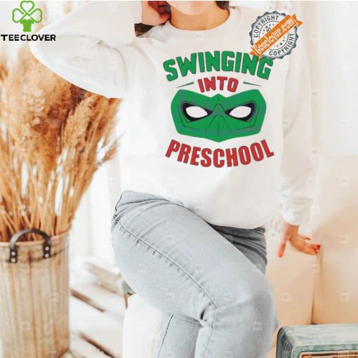 Swinging into preschool superhero hoodie, sweater, longsleeve, shirt v-neck, t-shirt