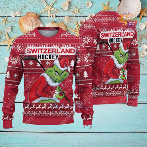 Switzerland Ice Hockey Team Grinch Hockey Stick Ugly Christmas Sweater